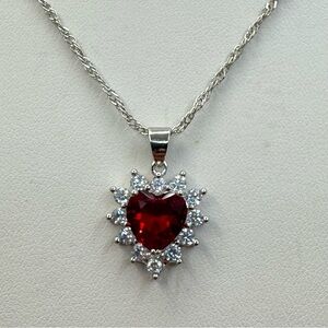 New Silver Plated Red Heart CZ Halo Pendant Necklace Elegant Gift